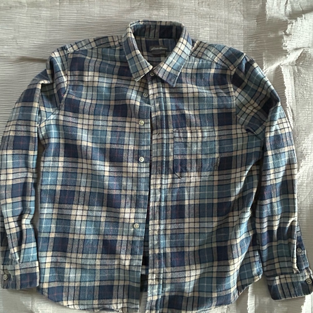 Eddie Bauer Men's Navy and White Plaid Shirt